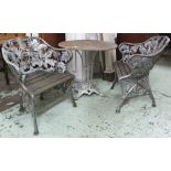 COALBROOKDALE STYLE GARDEN CHAIRS, a pair, cast iron fern leaf pattern, 70cm W,