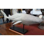 MODEL OF A WHALE SHARK, in grey resin on stand, 98cm L.