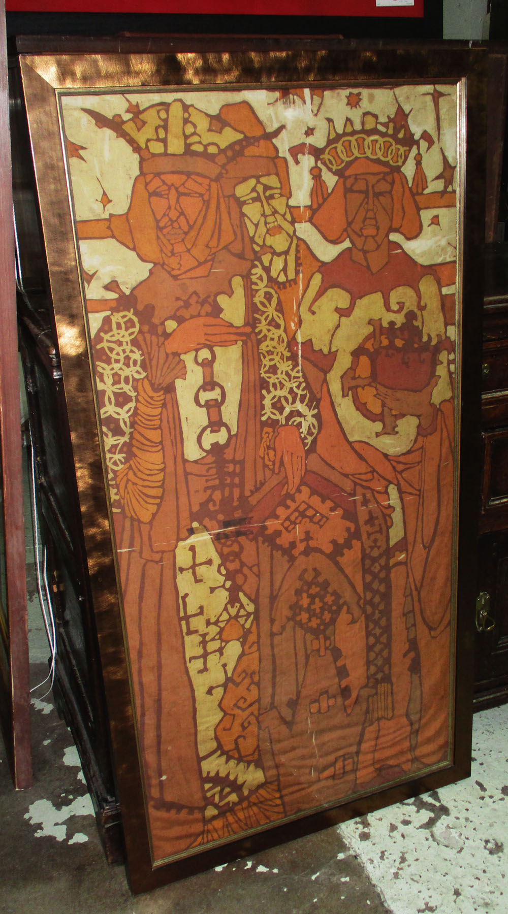 CARY 20TH CENTURY SCHOOL, 'Royal Figures', batik on silk, 120cm x 60cm, framed.