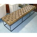 HALL SEAT, in olive buttoned leather on an iron frame, 194cm x 49cm x 41cm H.