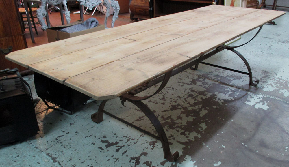 REFECTORY TABLE, pine with plank top on iron supports, 73cm H x 275cm W x 91cm D.