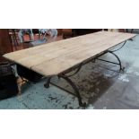 REFECTORY TABLE, pine with plank top on iron supports, 73cm H x 275cm W x 91cm D.