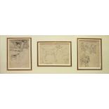ALFRED MUNNINGS (British,1878-1959), 'Fox Hounds', pencil, framed, three drawings in single frame,