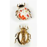 VINTAGE RENE CERAMIC BEETLE BROOCH on gold tone base, signed Rene, L.