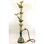 SHISHA PIPE, of large and highly ornamented design, the gilt metal stem cast cockerels, pheasants,