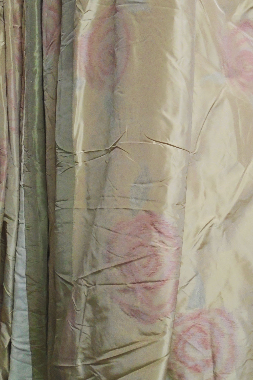 CURTAINS, two pairs, in light gold silk with pink detail lined, 112cm gathered by 315cm drop.