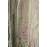 CURTAINS, two pairs, in light gold silk with pink detail lined, 112cm gathered by 315cm drop.