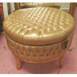 BOUDOIR FOOTSTOOL, circular, in gold with pocketed top, on ornately gilded supports, 71cm diam.