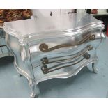 COMMODE, silver finish, of bombe form, with elogated 'S' form, bronze handles, approx. 121cm W.