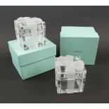 TIFFANY 'CADEAUX' GLASS BOXES, a pair, lead crystal, 8cm H, both as new and boxed.