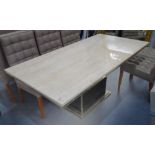 TRAVERTINE DINING TABLE, 1970's, on a column with brass detail, 181cm L x 90cm D x 80cm H.