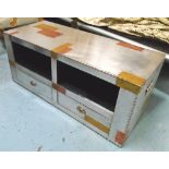 TV UNIT, Aviation style, with two drawers below in aluminium cladding, 120cm x 40cm x 49cm H.