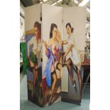 SCREEN, three fold, with American girl illustrations after Ritz Willis, 180cm H x 120cm W.