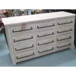 CHEST OF TWELVE DRAWERS, in distressed painted finish on square supports, 166cm x 50cm x 90cm H.