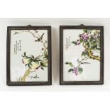 CHINESE CERAMIC TILES,a pair painted flowering branches and birds by Liu Yucen, framed,