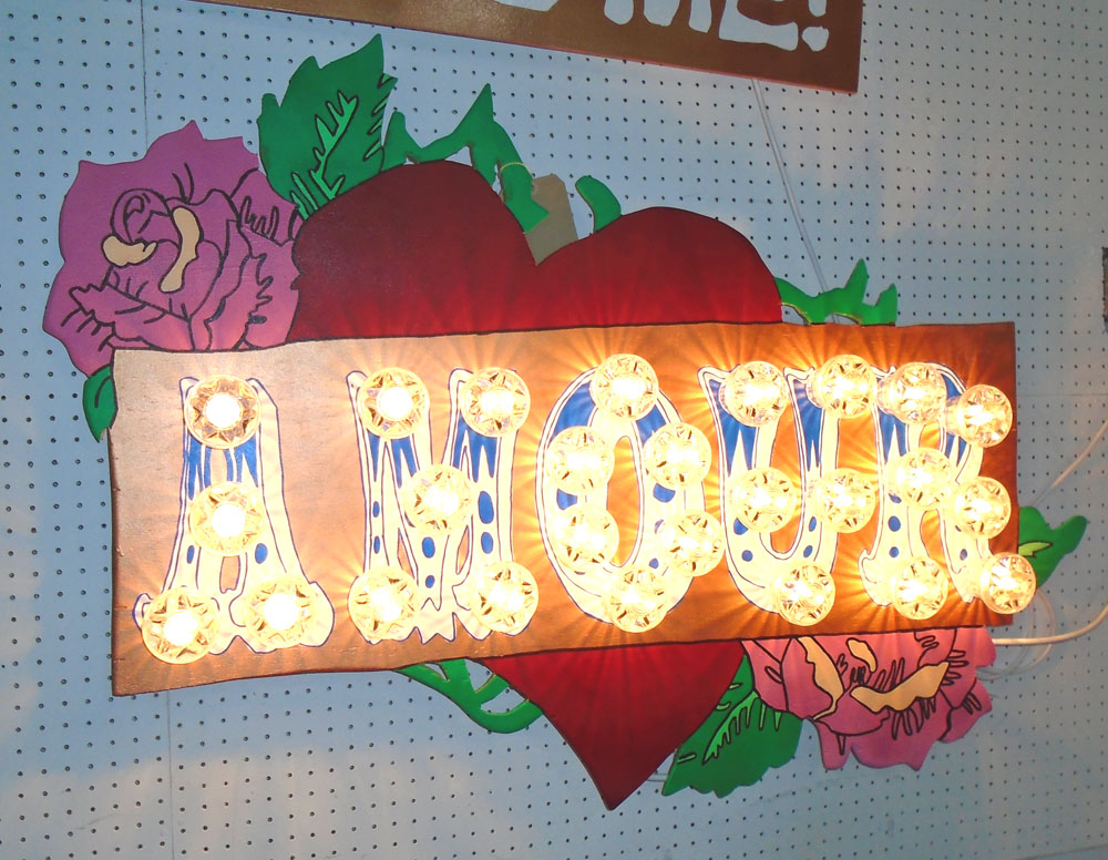 'AMOUR' SIGNAGE, by Bee Rich, graphic heart and intertwining pink roses with light up typography ,