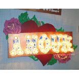 'AMOUR' SIGNAGE, by Bee Rich, graphic heart and intertwining pink roses with light up typography ,