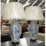 TABLE LAMPS, a pair, Chinese blue and white with shades, 77cm H.