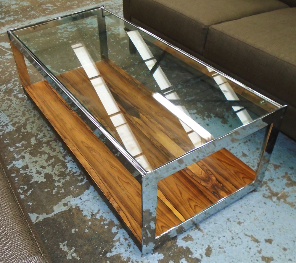 MERROW ASSOCIATES LOW TABLE, rectangular glass top in chrome frame with rosewood base,