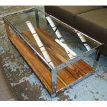 MERROW ASSOCIATES LOW TABLE, rectangular glass top in chrome frame with rosewood base,