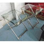 LAMP TABLES, a pair, rectangular glass on X chromium supports, 44cm x 59cm x 60cm H.