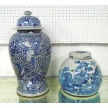 LIDDED TEMPLE JAR AND LIDDED GINGER JAR, in Chinese blue and white, 47cm and 23cm H.