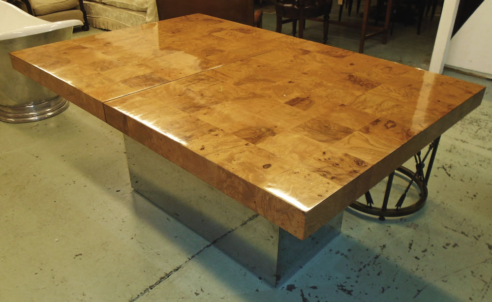 DINING TABLE, Art Deco style mirrored base with maple top extending 120cm W x 280cm L.