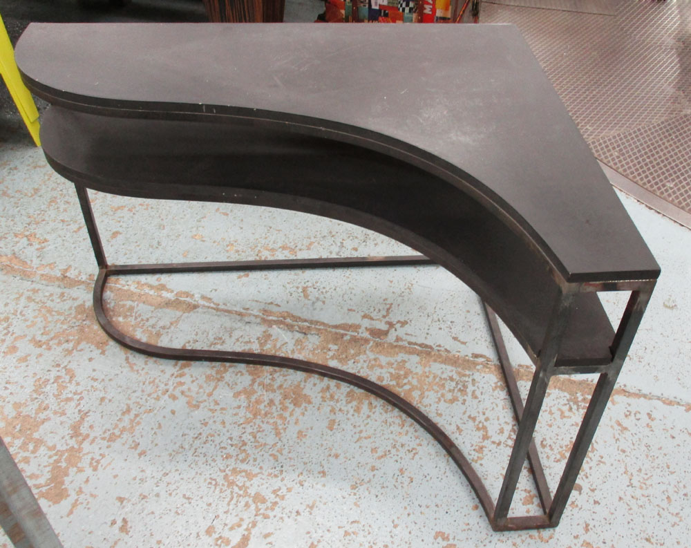 SIDE TABLE, Grand piano form shaped wood, with lower tier, in distressed metal frame,