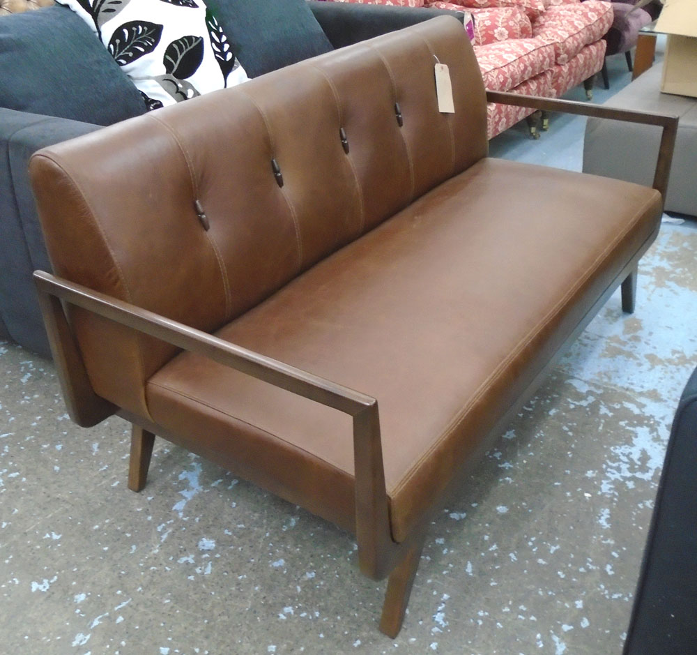 SOFA, two seater, in tanned leather on a 1970's style wooden frame, 158cm L.