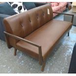 SOFA, two seater, in tanned leather on a 1970's style wooden frame, 158cm L.