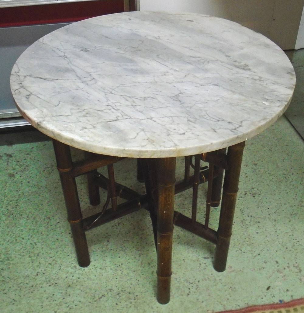BENARIES TABLE, with round variegated white and grey marble top on folding bamboo base,