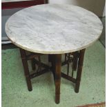 BENARIES TABLE, with round variegated white and grey marble top on folding bamboo base,