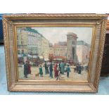 OIL ON CANVAS, French street scene, in an ornate gilded frame, 107cm x 131cm.