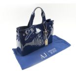 ARMANI JEANS SHOPPING BAG, patent eco leather crafted in high gloss patent PVC, embossed logo,