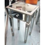 MIRRORED SIDE TABLES, a pair, with drawer below on square supports, 43cm x 33cm x 75cm H.