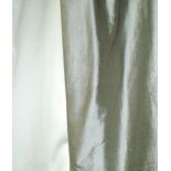 CURTAINS, two pairs, silver silk, lined, each curtain 112cm W gathered by 303cm drop.