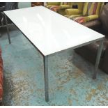 DINING TABLE, contemporary design having a rectangular white glass top on a chromed base,