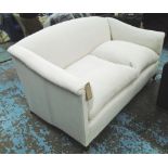 SOFA, fawn upholstered with twin seat cushions, loose covers included, 185cm W x 104cm D.