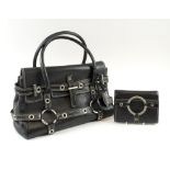 LUELLA GISELE BAG, black leather with white contrast stitching, silver tone hardware, pink lining,