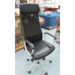 OFFICE CHAIR, black leather, adjustable height on metal support with castors, 60cm W.