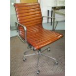 REVOLVING DESK CHAIR, Charles Eames design, ribbed tan brown leather upholstered,
