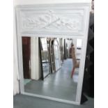 TRUMEAU MIRROR, with trophies detail to top in a distressed painted frame, 181cm x 131cm.