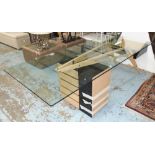 DESK, of rectangular glass top, on architectural style base of wood and lacquer,