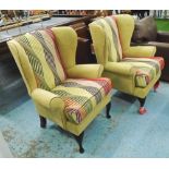 WINGBACK ARMCHAIRS, a pair, olive and raised patterned fabric to seat and back,
