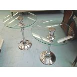 OCCASIONAL TABLES, a pair, circular with glass tops on chromed metal supports, 53cm diam x 62cm H.