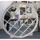 MIRRORS, a pair, circular wooden, distressed effect painted frames, 114cm diam.