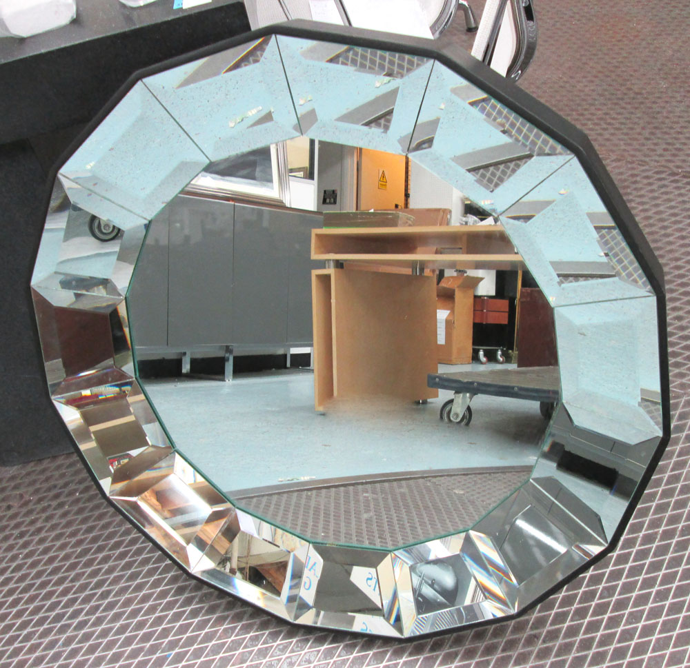 WALL MIRROR, with bevelled angled panels to edge, 80cm W.