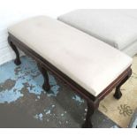 HALL SEAT, in neutral fabric on a mahogany frame, 120cm x 51cm x 55cm H.