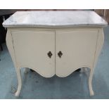 COMMODE, Louis XV style, cream painted, with a serpentine white marble top above two doors,