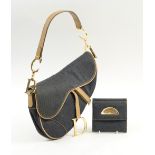 CHRISTIAN DIOR SADDLE BAG, denim with tan leather trim, logo medallions at the front and sides,